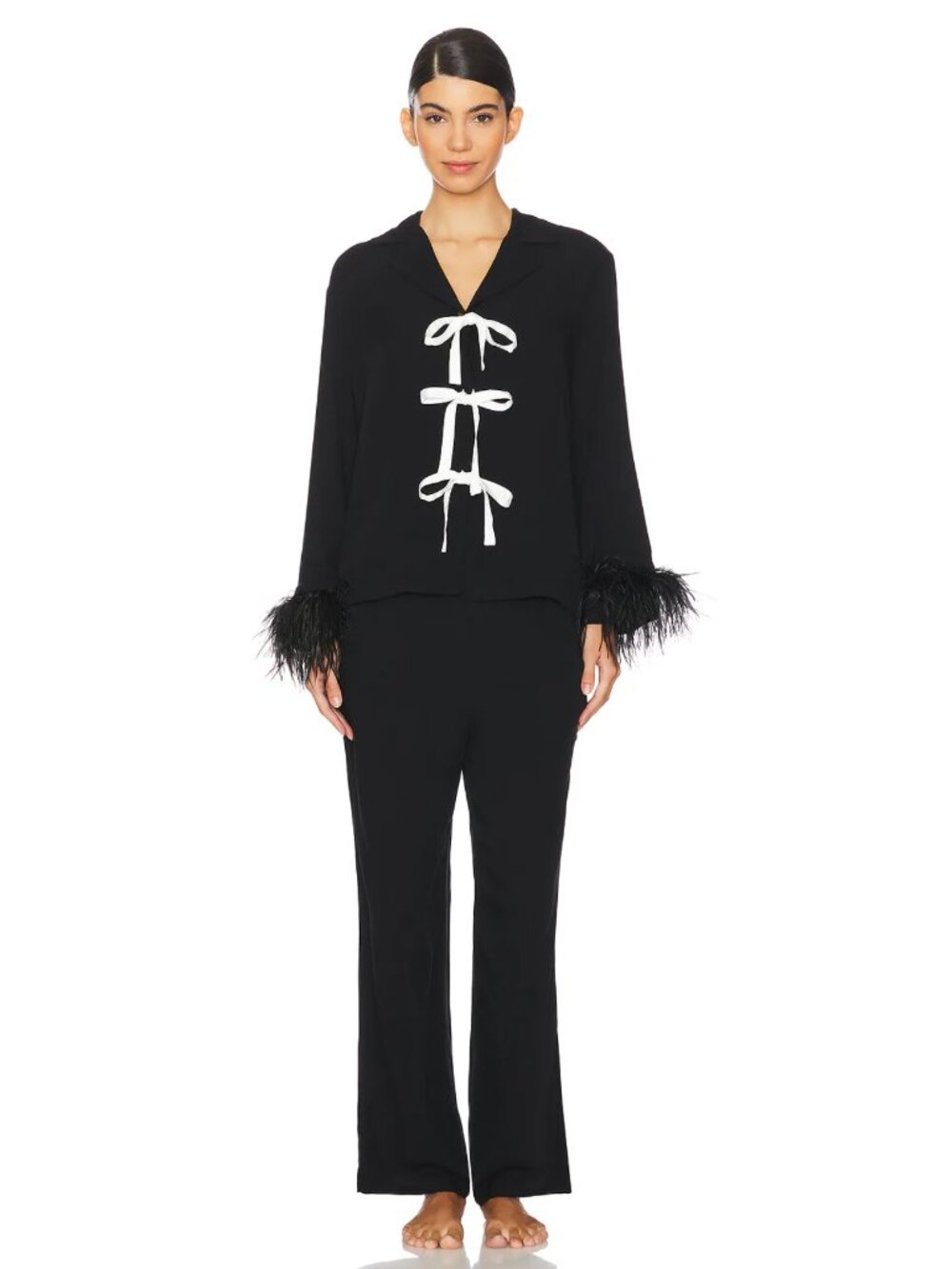 NEW Sleeper Party Pajama Set Bows And Feathers in Black Long Sleeve Pants